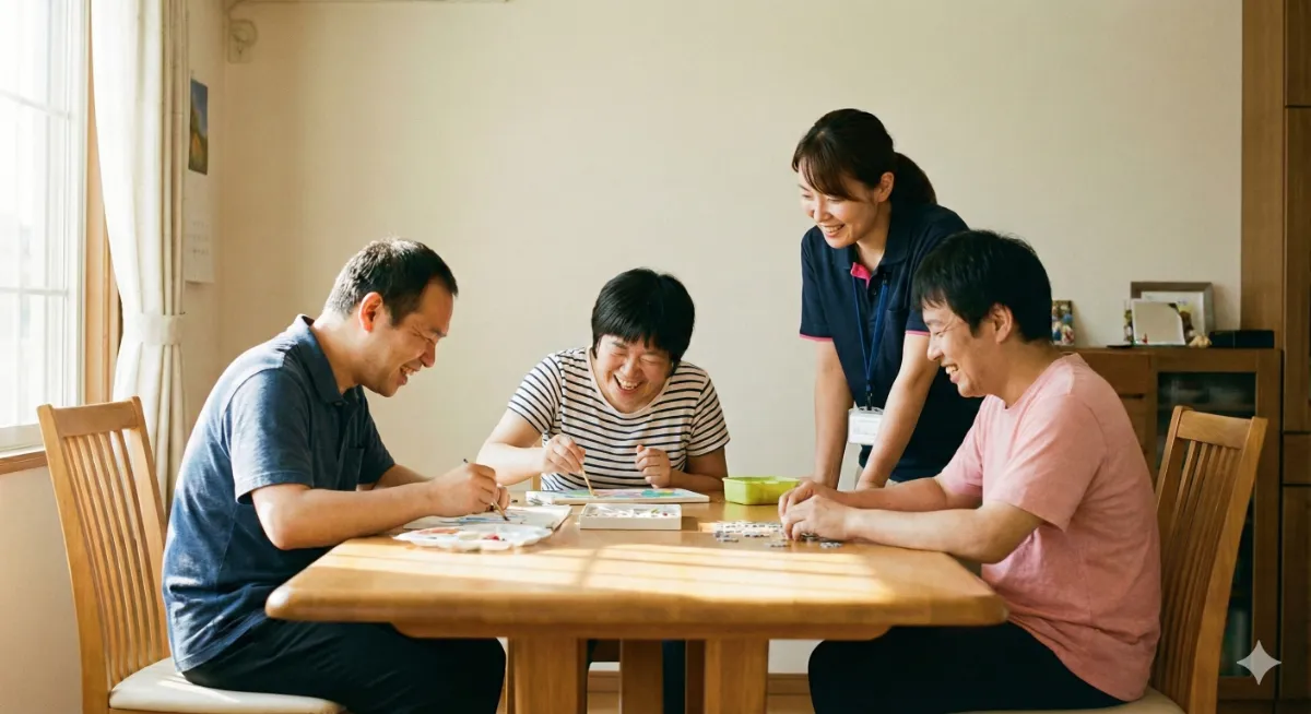 テーブルを囲んで過ごす入居者とスタッフ